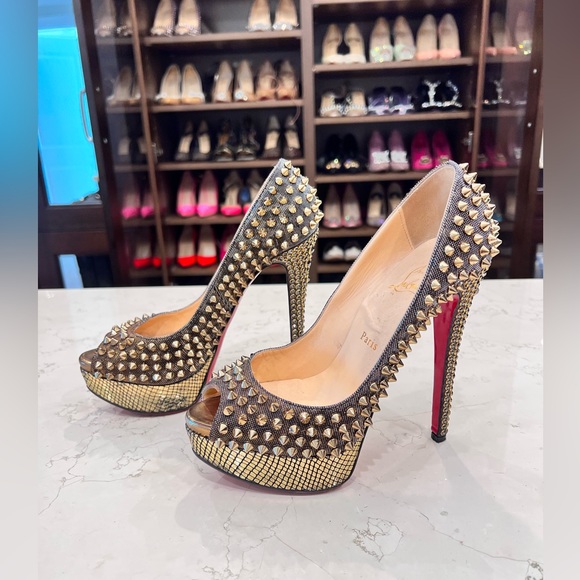 Rare Christian Louboutin Lady Peep Spikes Hematite/Bronze Strass 37.5 - Picture 6 of 15